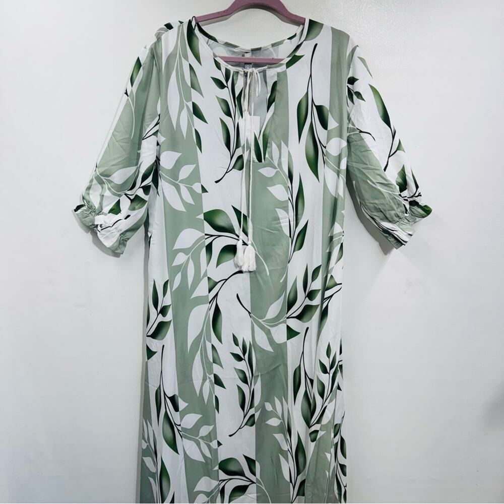 Noracora  Maxi Long Dress V-Neck Green‎ Leaves Print Flowy Modest Size XXL New